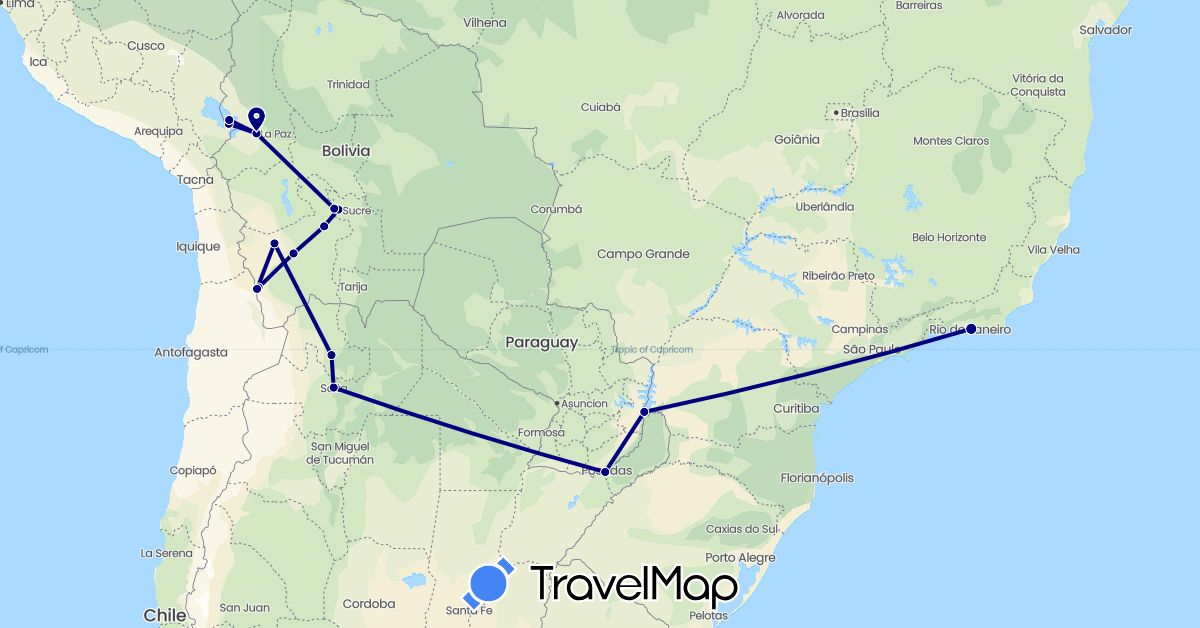 TravelMap itinerary: driving in Argentina, Bolivia, Brazil (South America)
